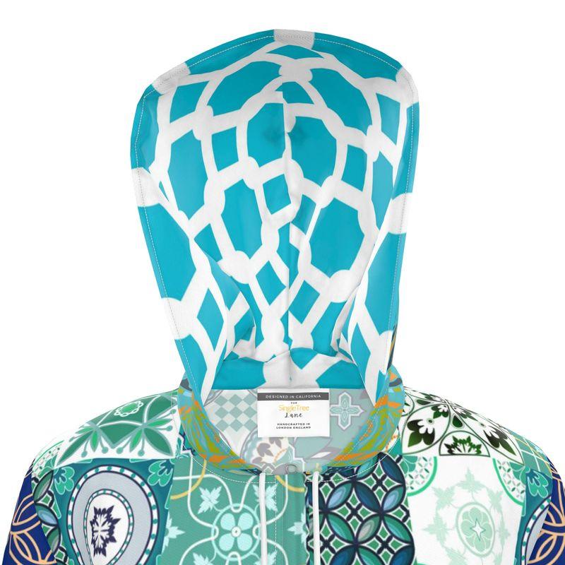 Aqua Mediterranean Mosaic Tile Womens Hooded Rain Jacket