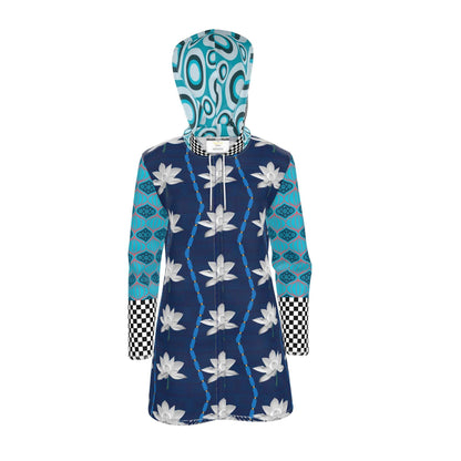 Aqua Blue Lotus Geo Check Womens Hooded Rain Jacket