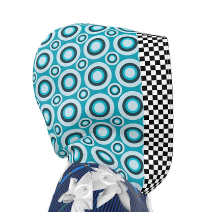 Aqua Blue Lotus Geo Check Womens Hooded Rain Jacket