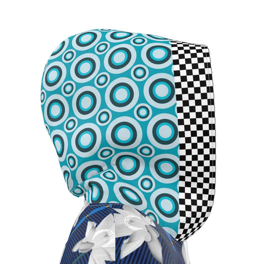 Aqua Blue Lotus Geo Check Womens Hooded Rain Jacket