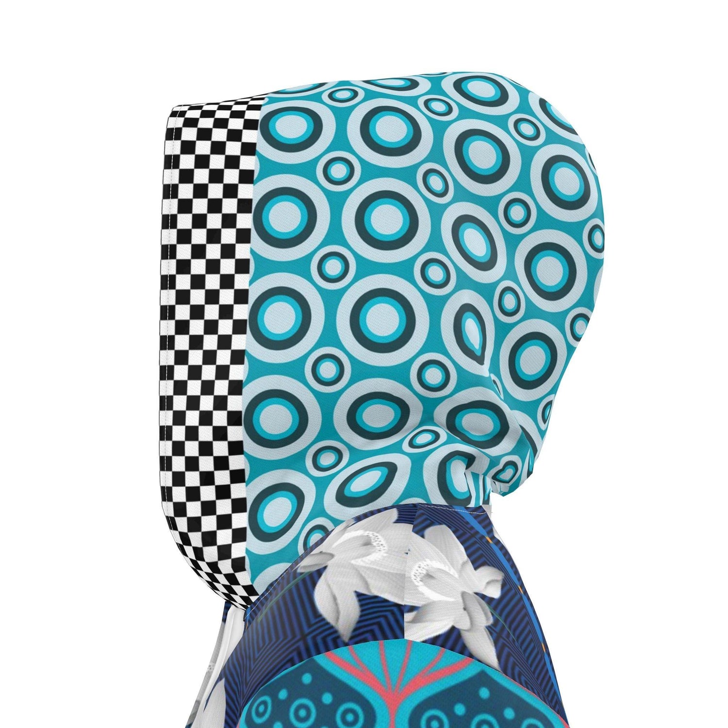 Aqua Blue Lotus Geo Check Womens Hooded Rain Jacket