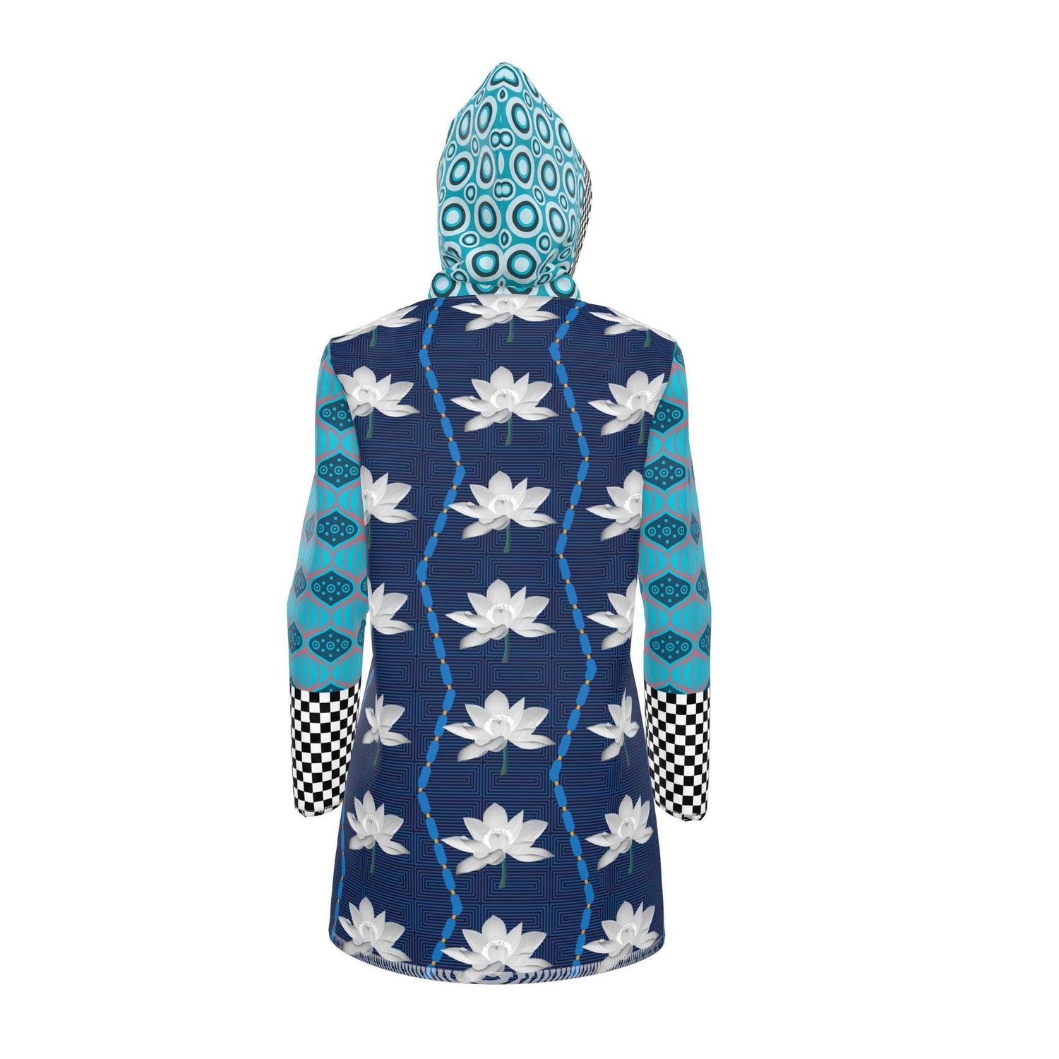 Aqua Blue Lotus Geo Check Womens Hooded Rain Jacket