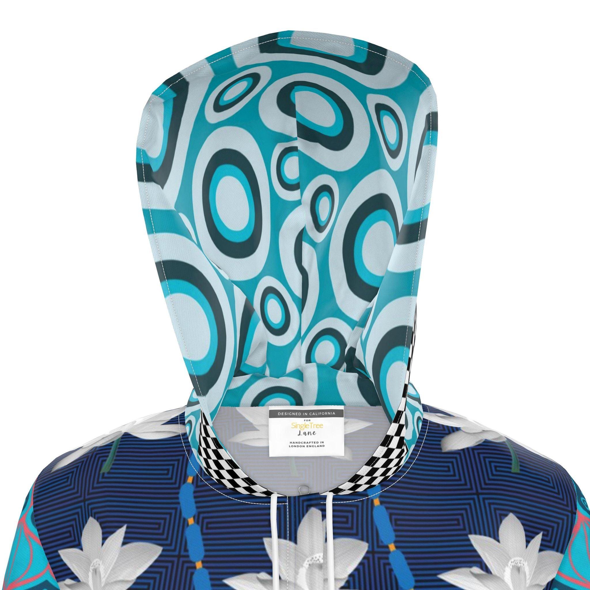 Aqua Blue Lotus Geo Check Womens Hooded Rain Jacket