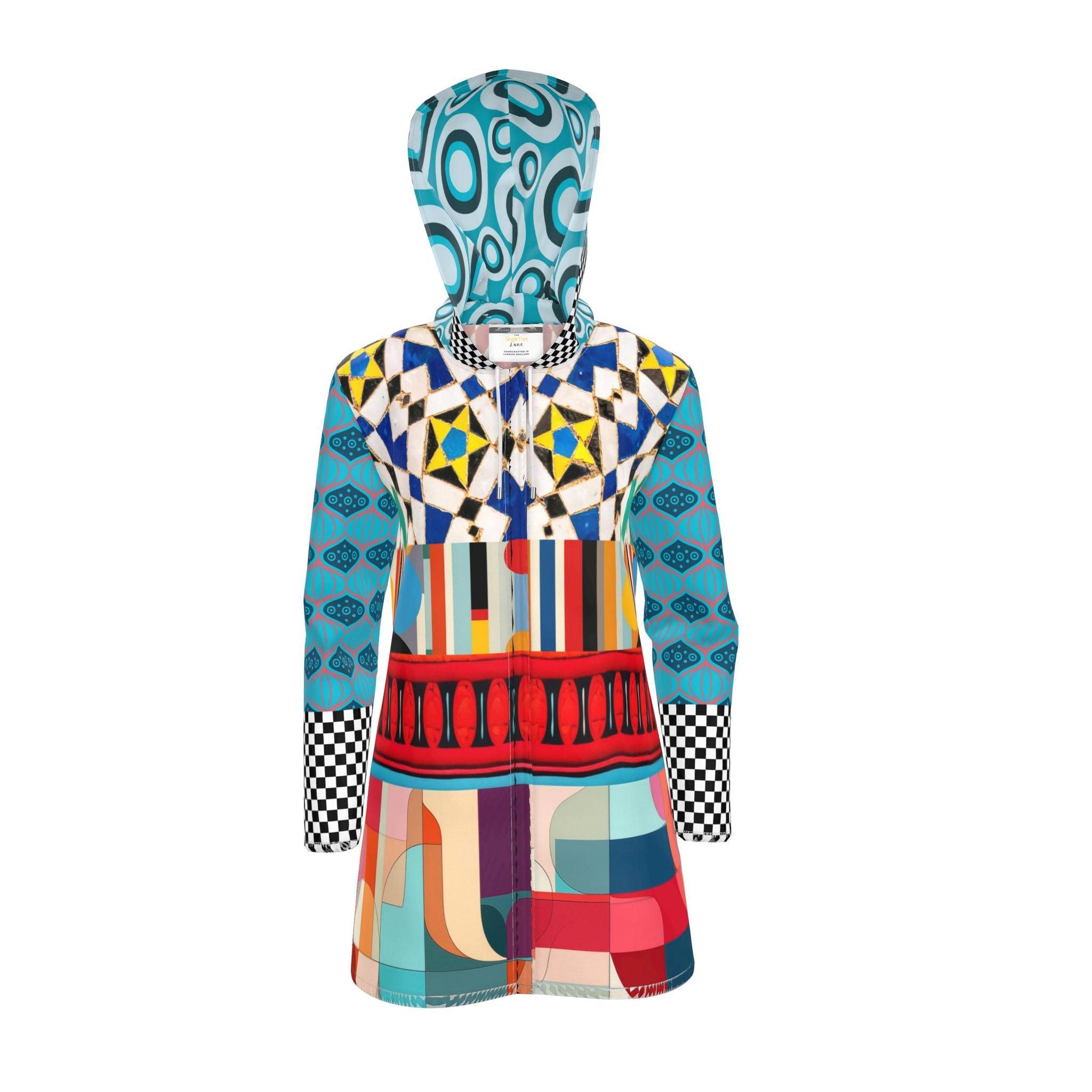 Electric Harlequin Patchwork Womens Hooded Rain Jacket