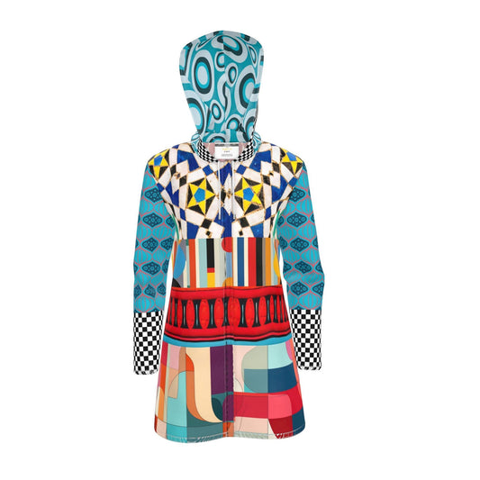 Electric Harlequin Patchwork Womens Hooded Rain Jacket