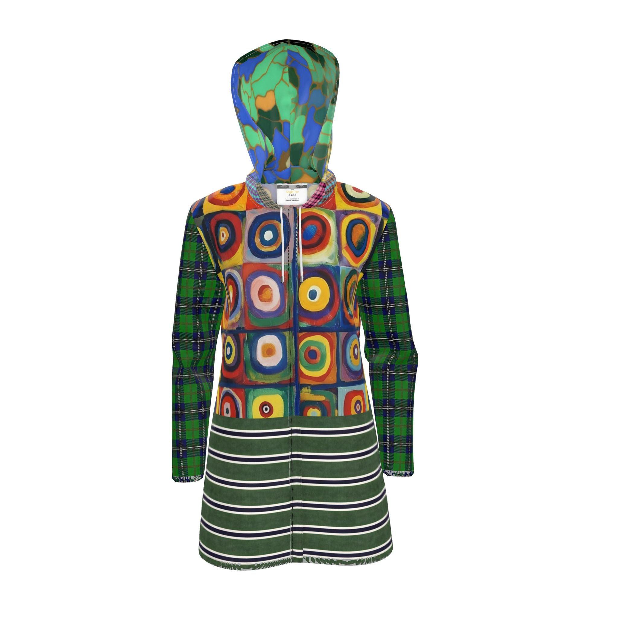Green Retro Orbit Plaid Stripe Womens Hooded Rain Jacket