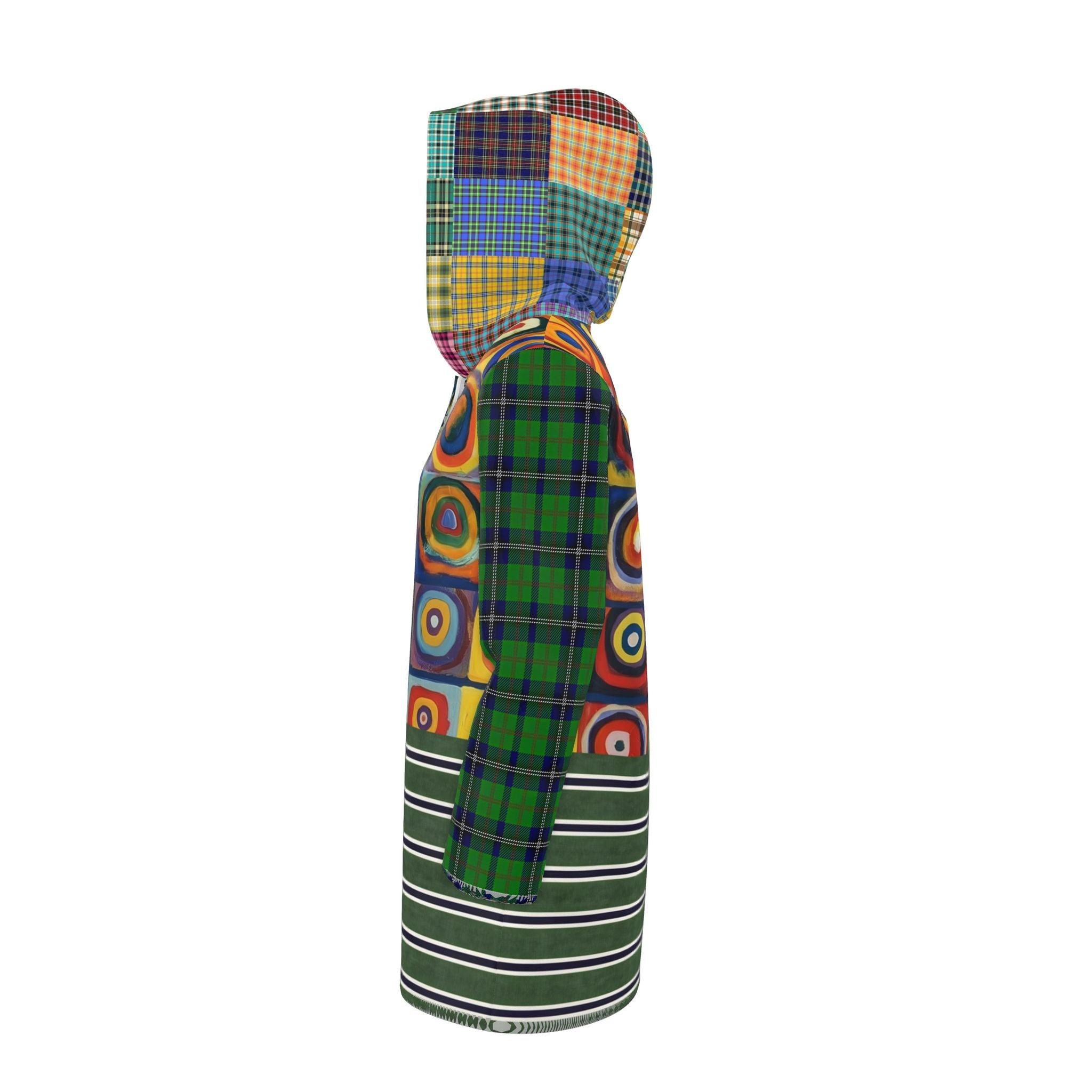 Green Retro Orbit Plaid Stripe Womens Hooded Rain Jacket