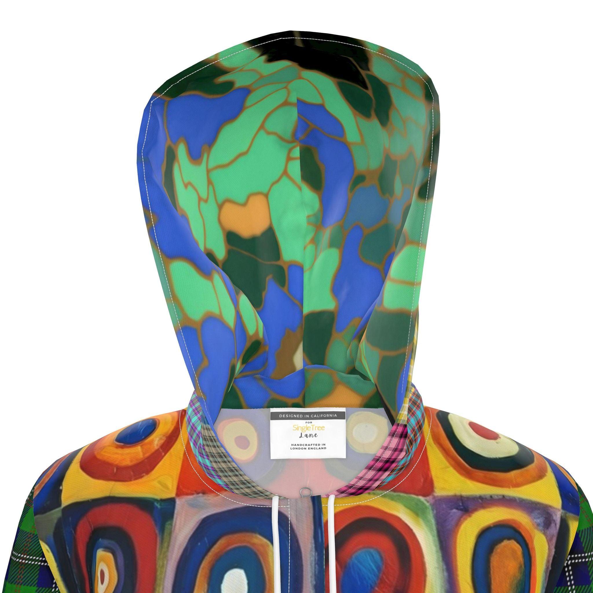 Green Retro Orbit Plaid Stripe Womens Hooded Rain Jacket