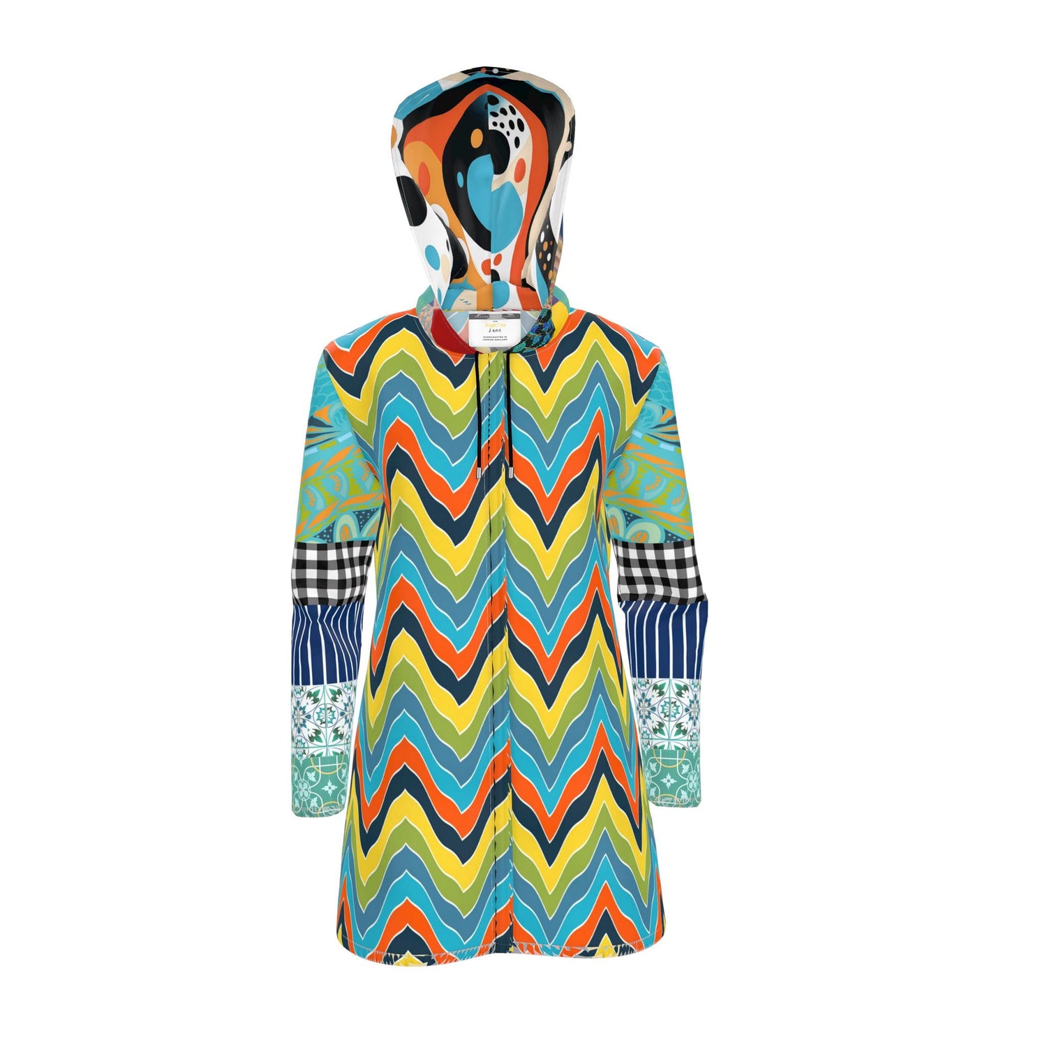 Aqua Zig Zag Mosaic Womens Hooded Rain Jacket