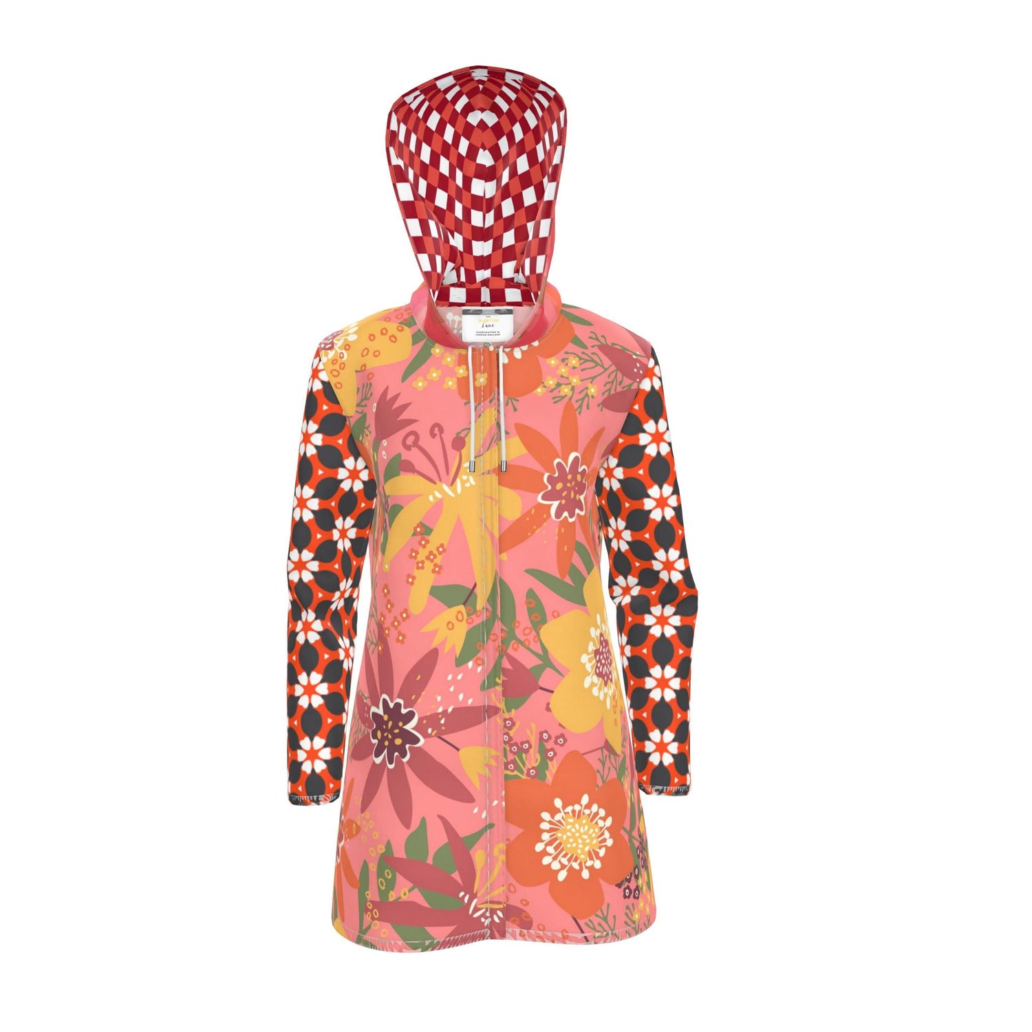 Coral Daisy Lemonade Gingham Womens Hooded Rain Jacket