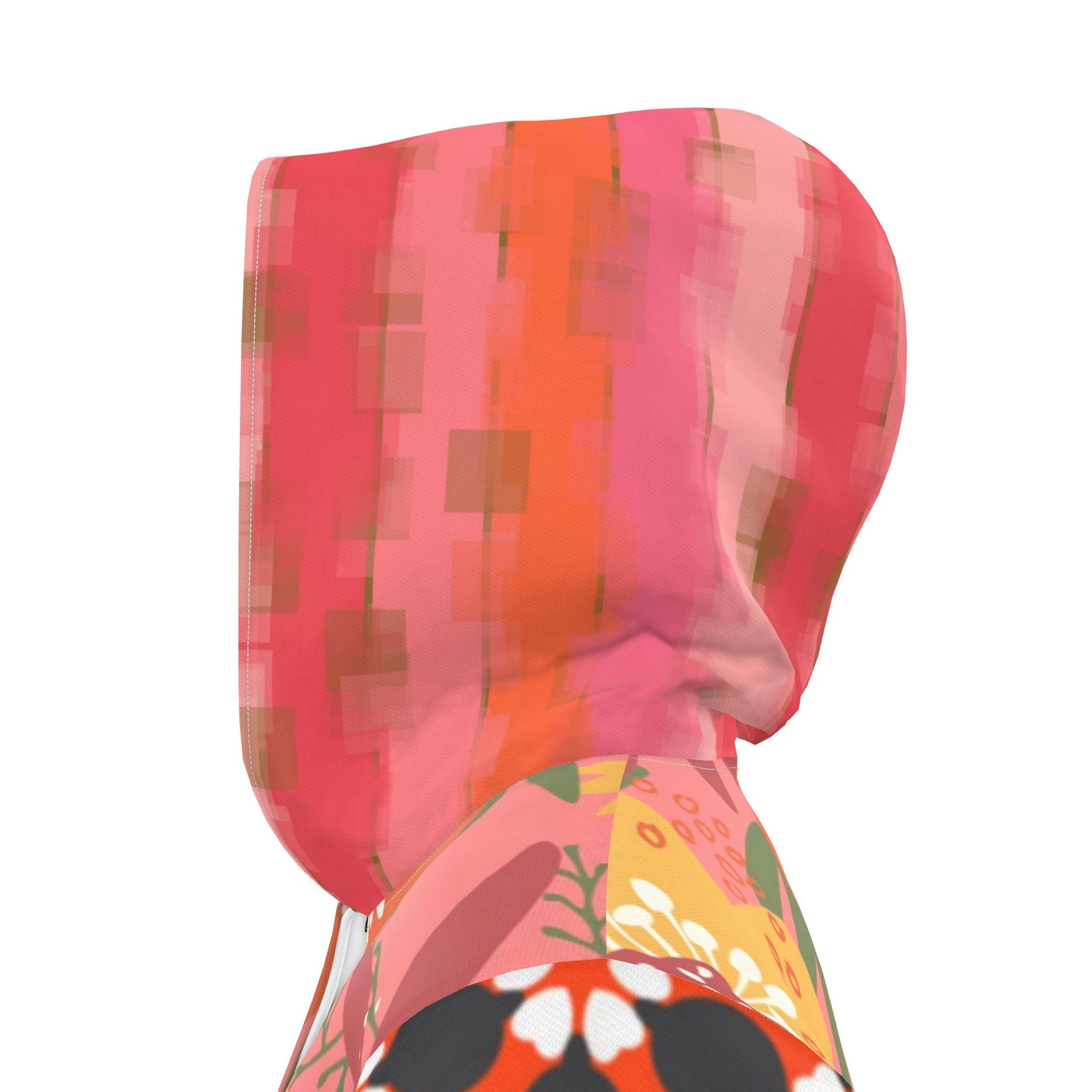 Coral Daisy Lemonade Gingham Womens Hooded Rain Jacket