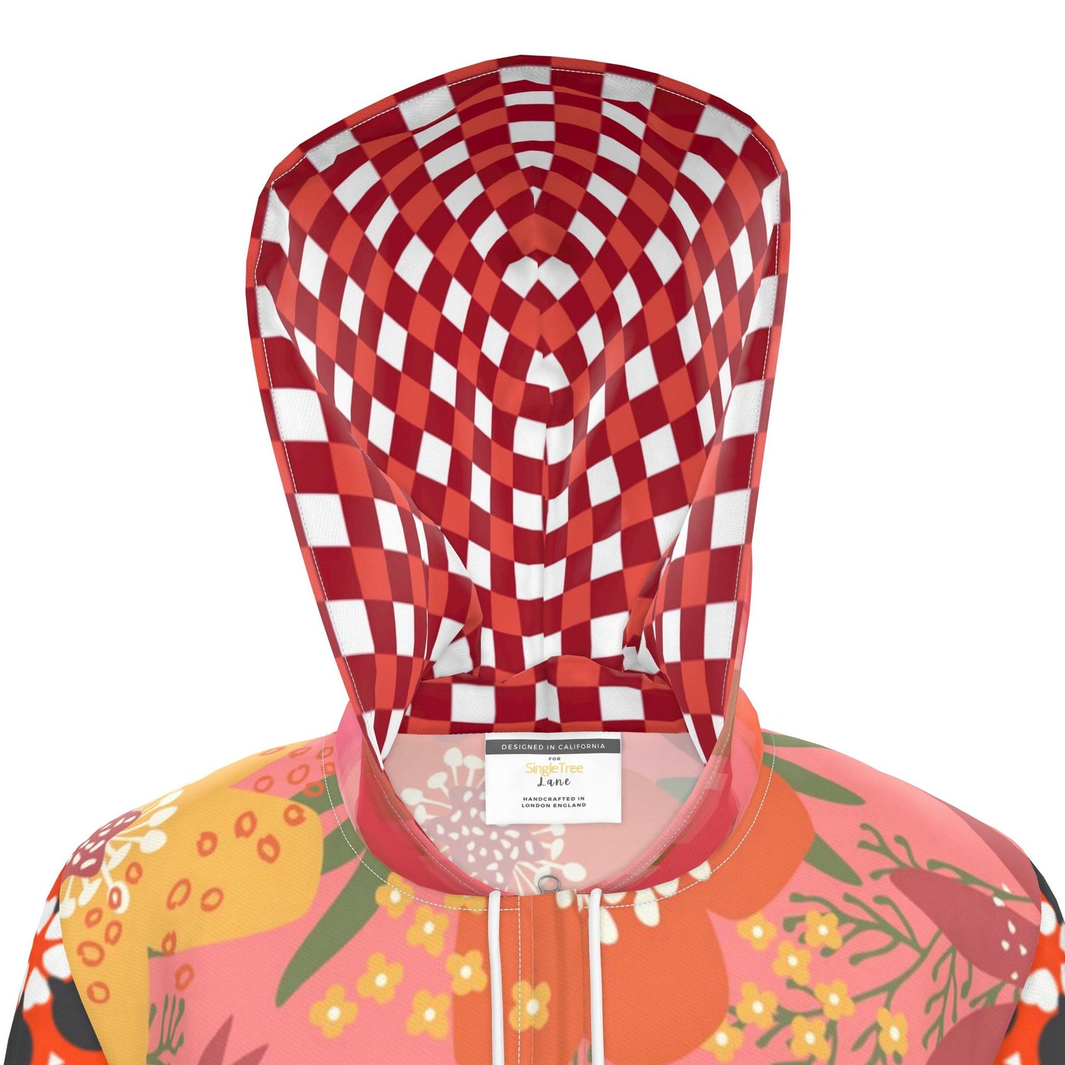 Coral Daisy Lemonade Gingham Womens Hooded Rain Jacket