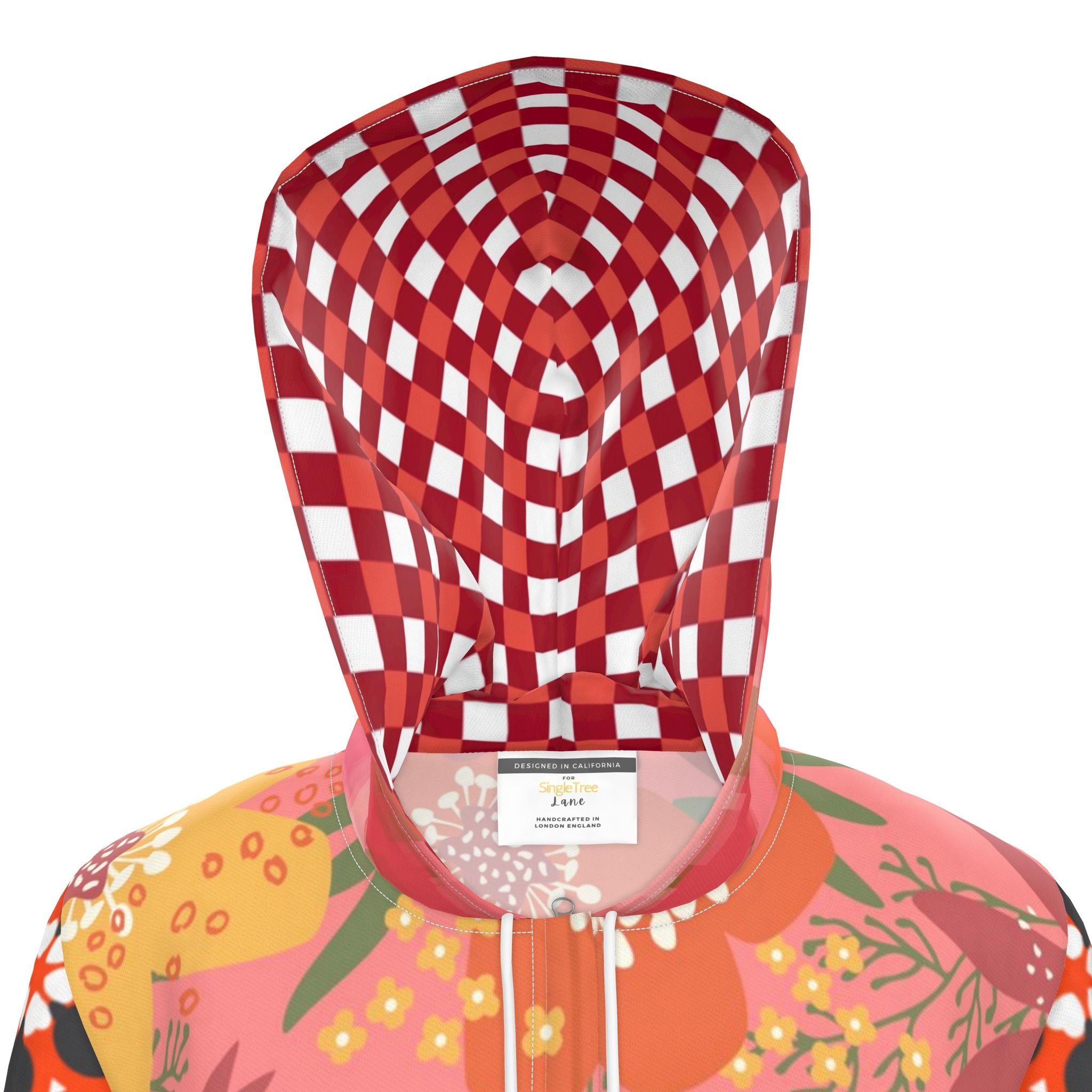 Coral Daisy Lemonade Gingham Womens Hooded Rain Jacket