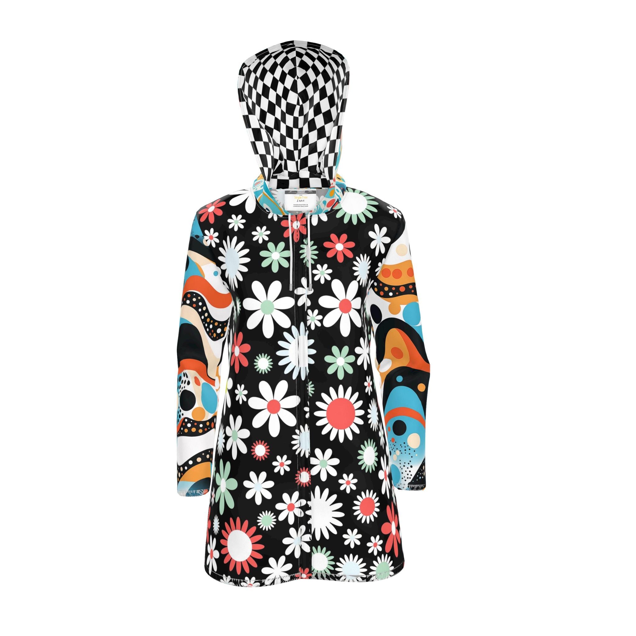 Daisy Check Pop Futuristic Floral Womens Hooded Rain Jacket
