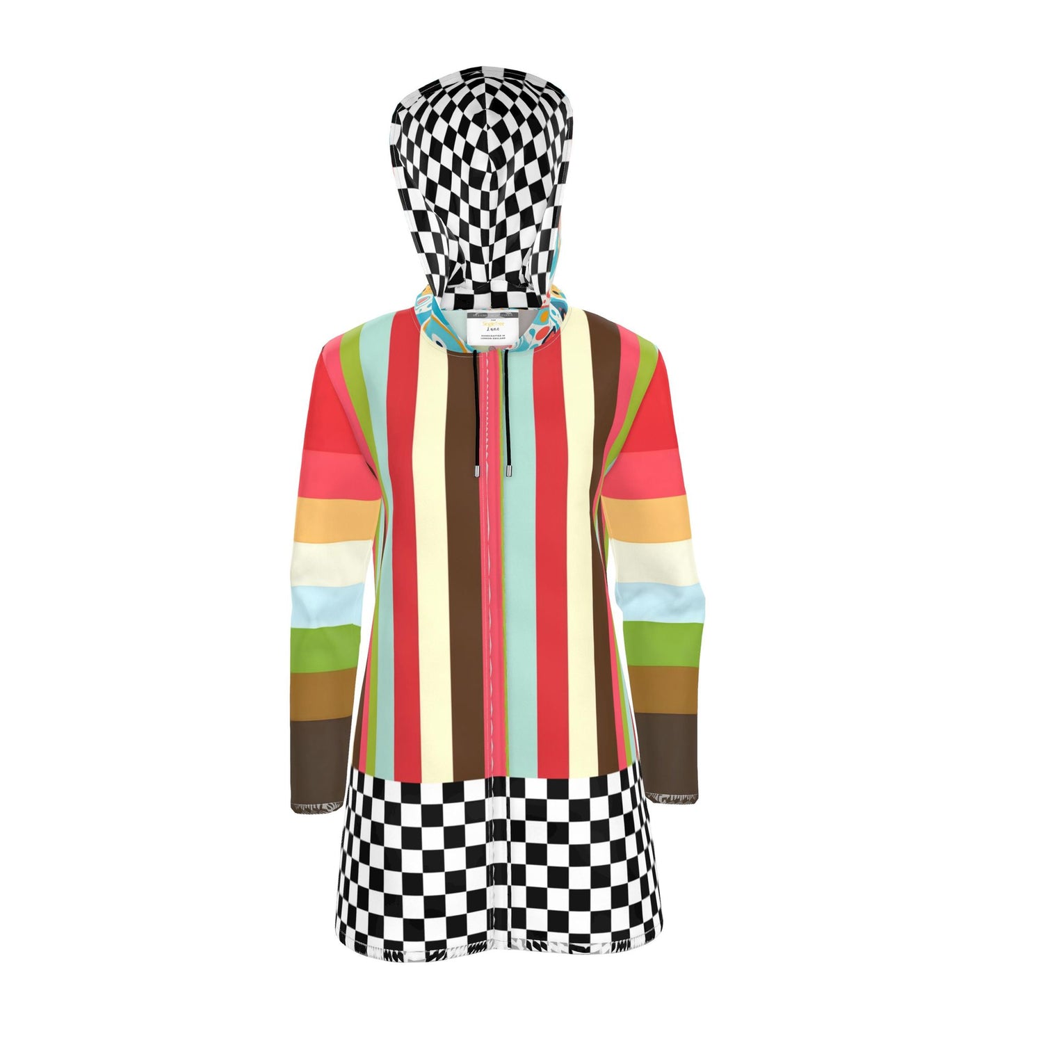 Mod Rugby Stripe Checkerboard Womens Hooded Rain Jacket
