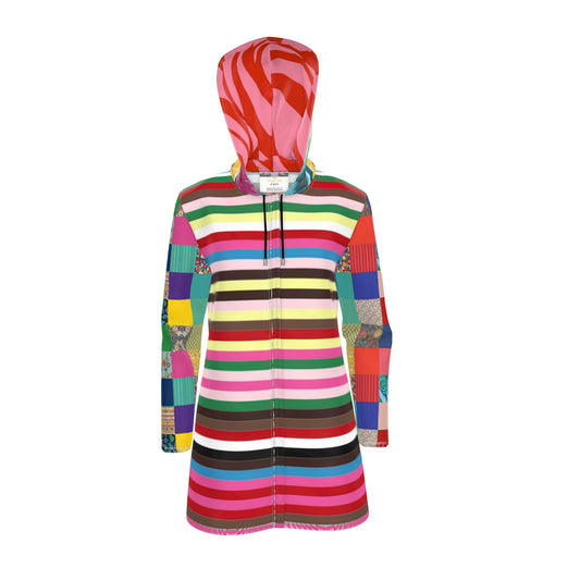 Rainbow Candy Stripe Patchwork Womens Hooded Rain Jacket