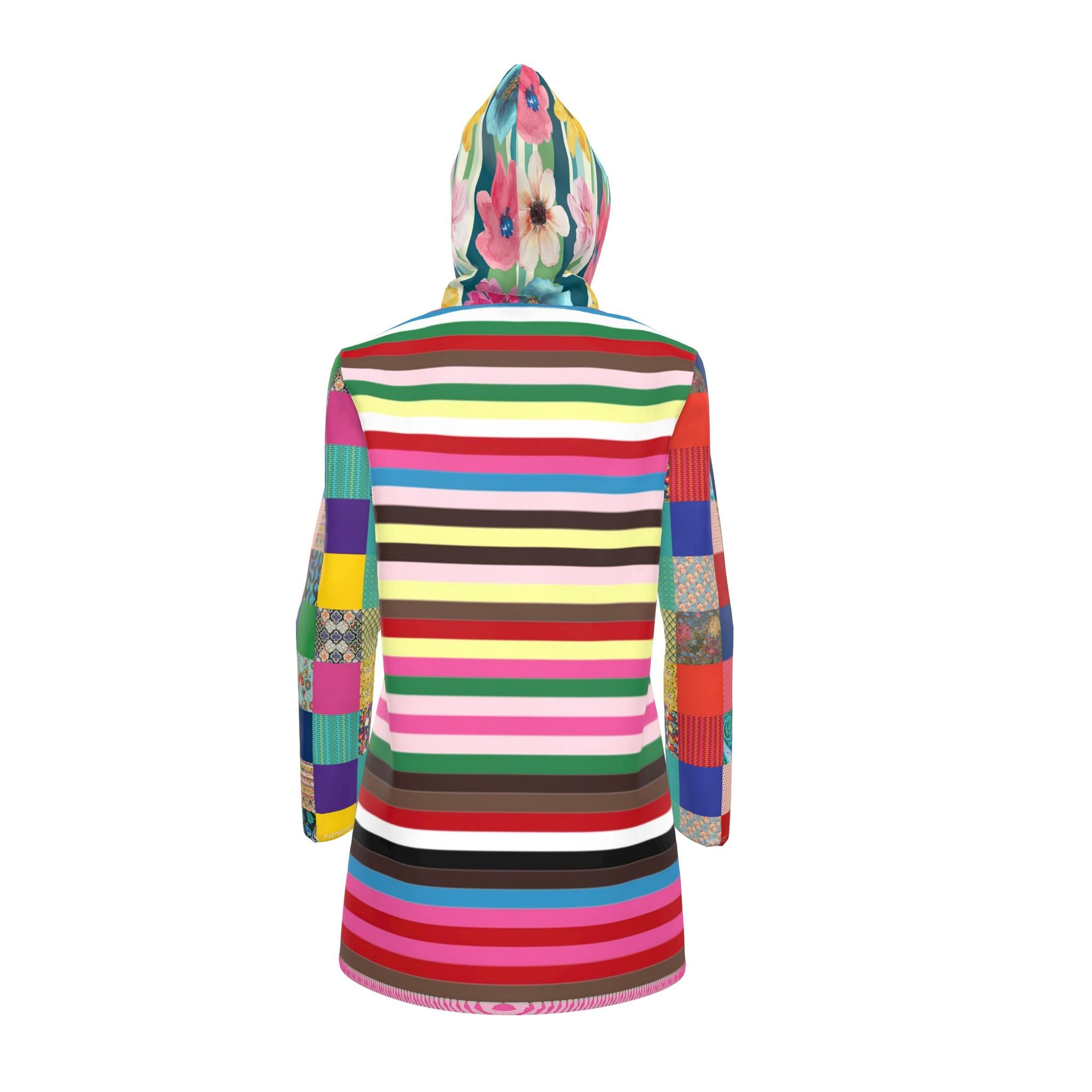 Rainbow Candy Stripe Patchwork Womens Hooded Rain Jacket