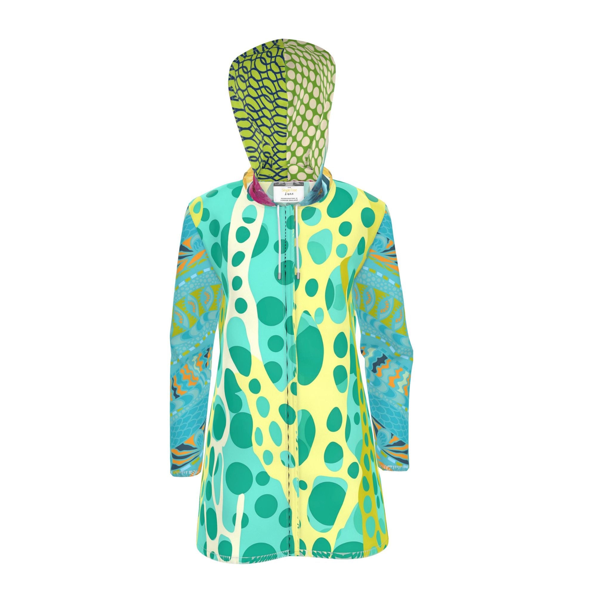 Lime Bubble Lagoon Mosaic Womens Hooded Rain Jacket