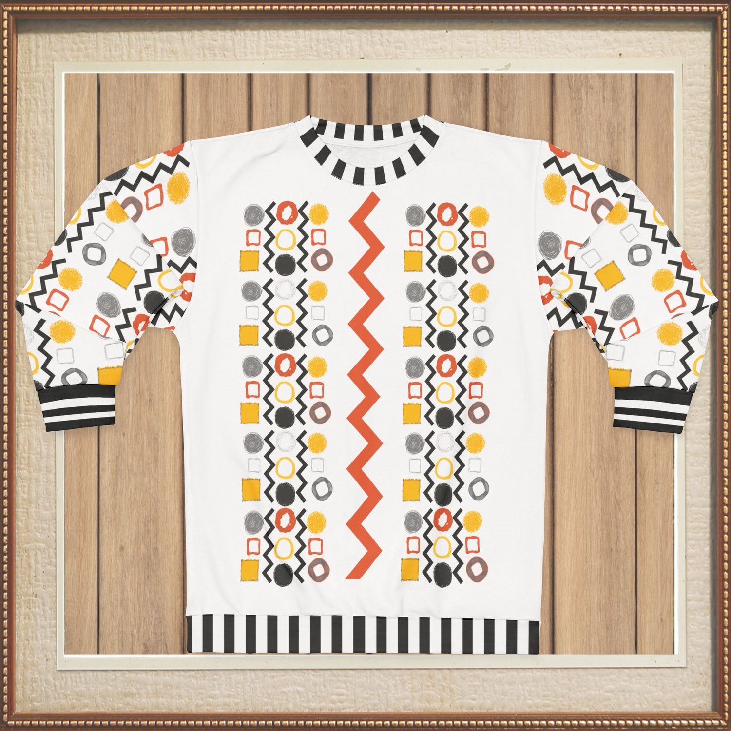 Black Stripe and Bright Geometric in White Unisex Sweatshirt (Gold Label)