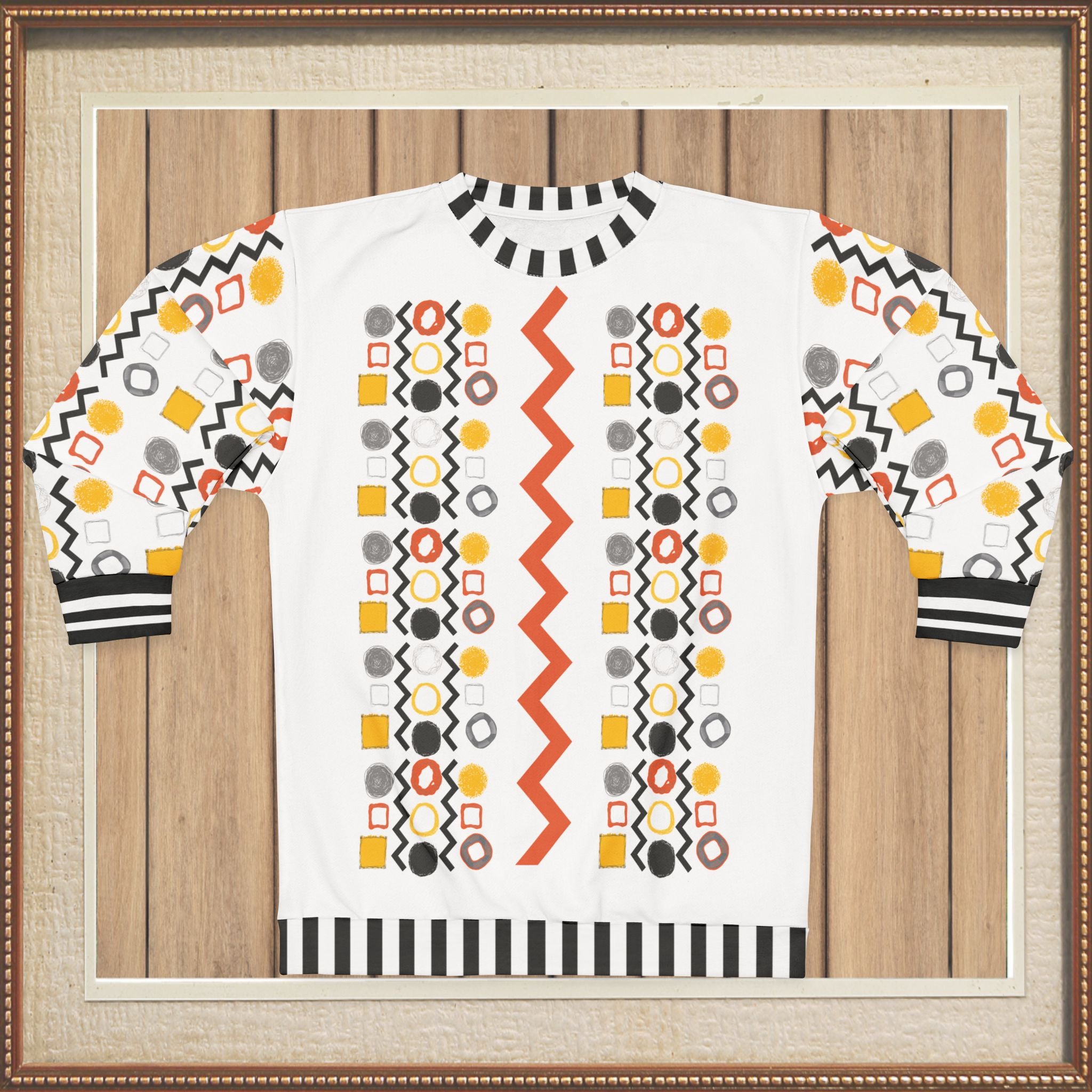 Black Stripe and Bright Geometric in White Unisex Sweatshirt (Gold Label)
