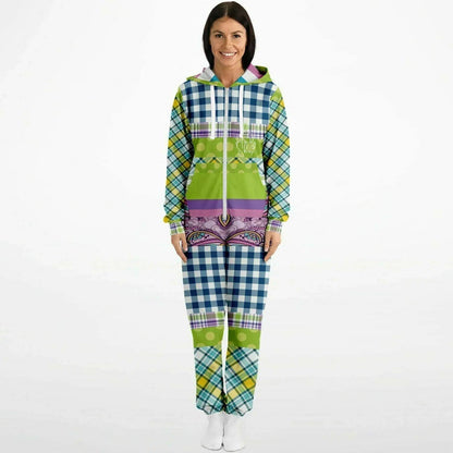 Kaleido-Scape Purple Plaid Patchwork Unisex Fleece Romper