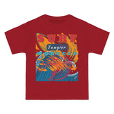 Red t-shirt with a colorful wave design and &
