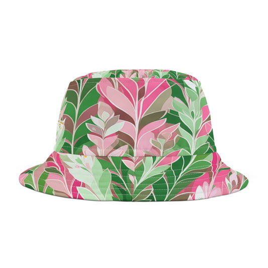 Leaves in Pink and Green Abstract Vibrant Bucket Hat