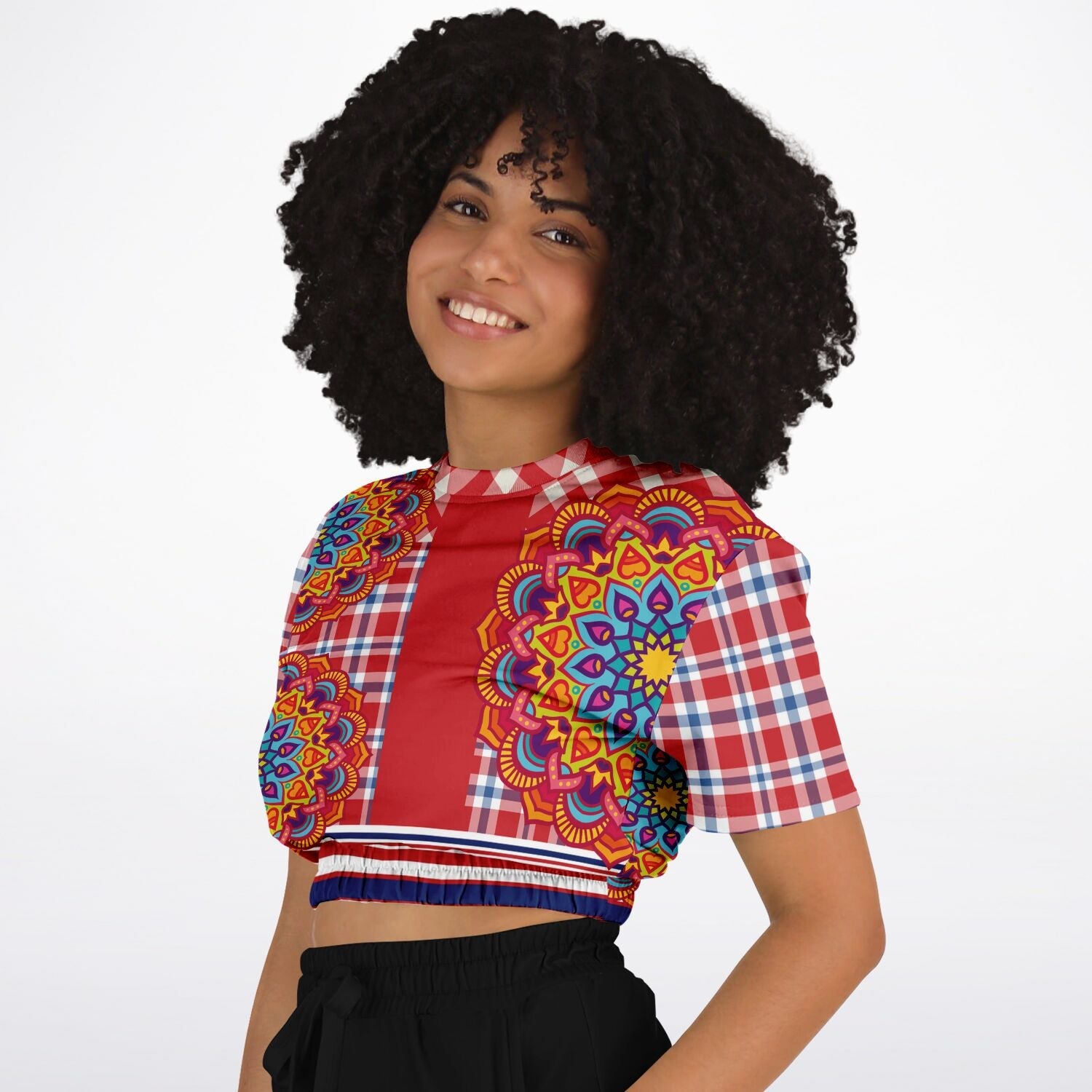Hippy-Dippy Plaid Eco-Poly Cropped Short Sleeve Pullover