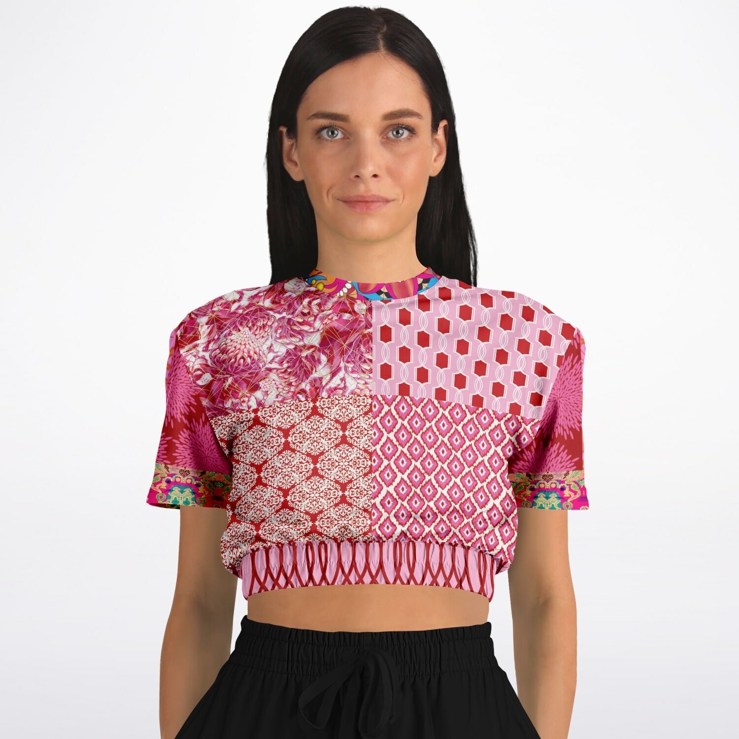 Gypsy Beat Pink Patchwork Eco-Poly Short Sleeve Cropped Pullover