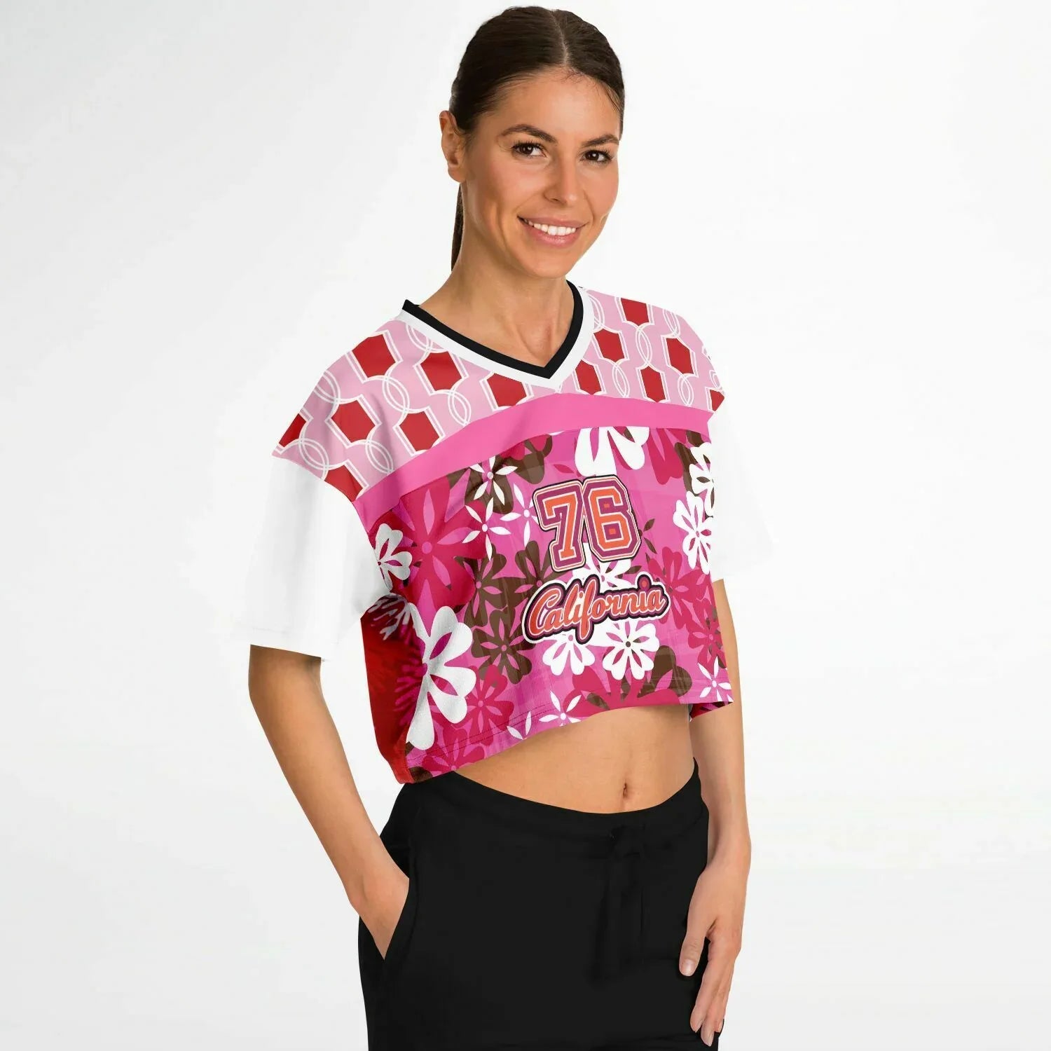 1976 California Pink Carnation Explosion Eco-Poly V-Neck Crop Jersey