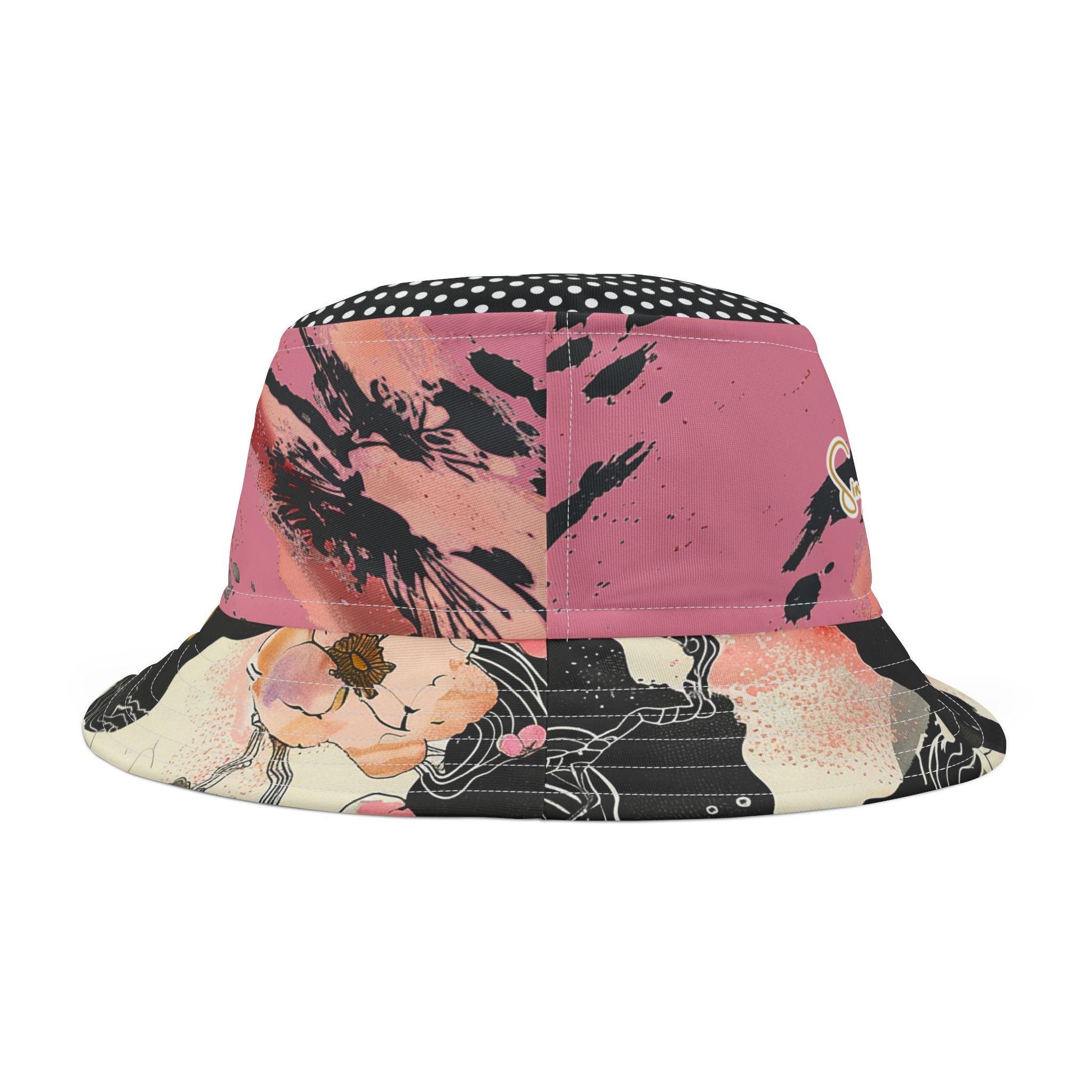 Back view of a ucket hat with a pink Asian floral and abstract design on a white background