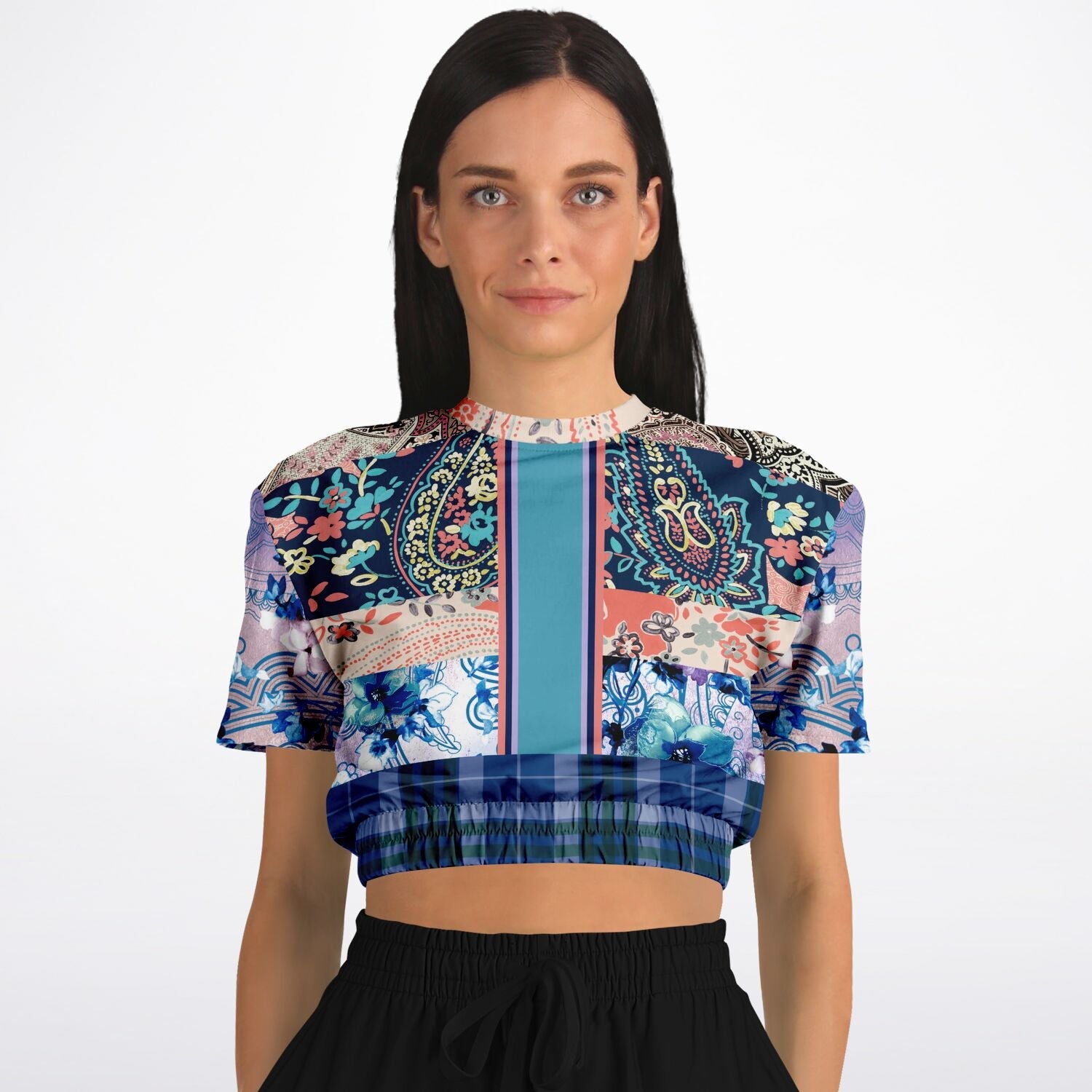 Dolores Park Paisley Plaid Eco-Poly Short Sleeve Cropped Pullover
