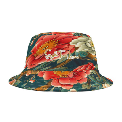 Right side view of a Japanese floral patterned bucket hat with a brand logo on a white background