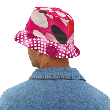 Person wearing a pink and white polka dot bucket hat and showing the back view on a white background