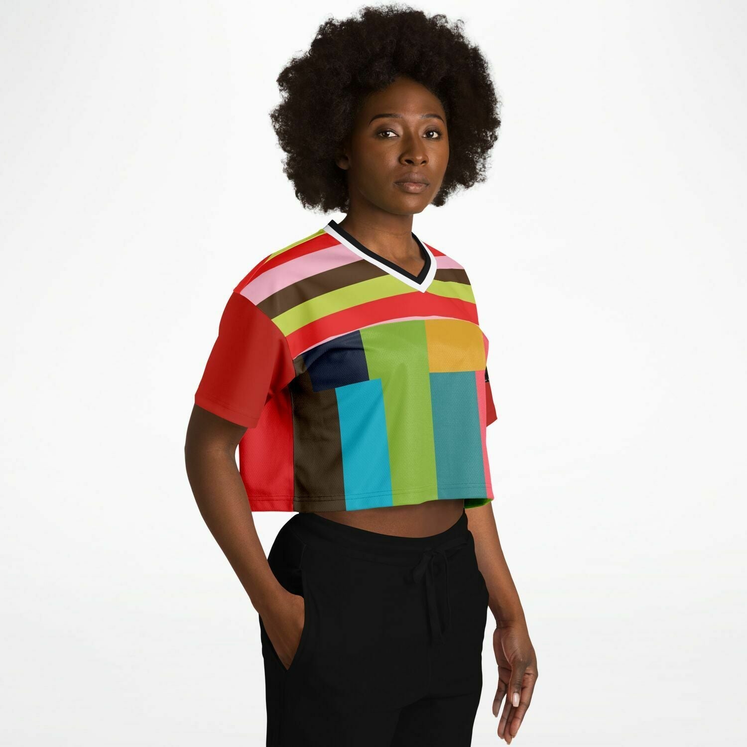 Watermelon Crush Rugby Stripe Eco-Poly V-Neck Crop Jersey