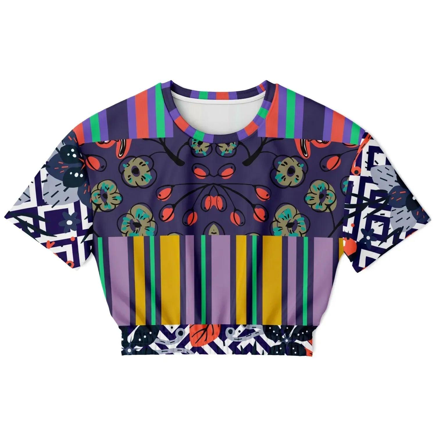 Purple Flurry Floral Stripe Eco-Poly Short Sleeve Cropped Pullover