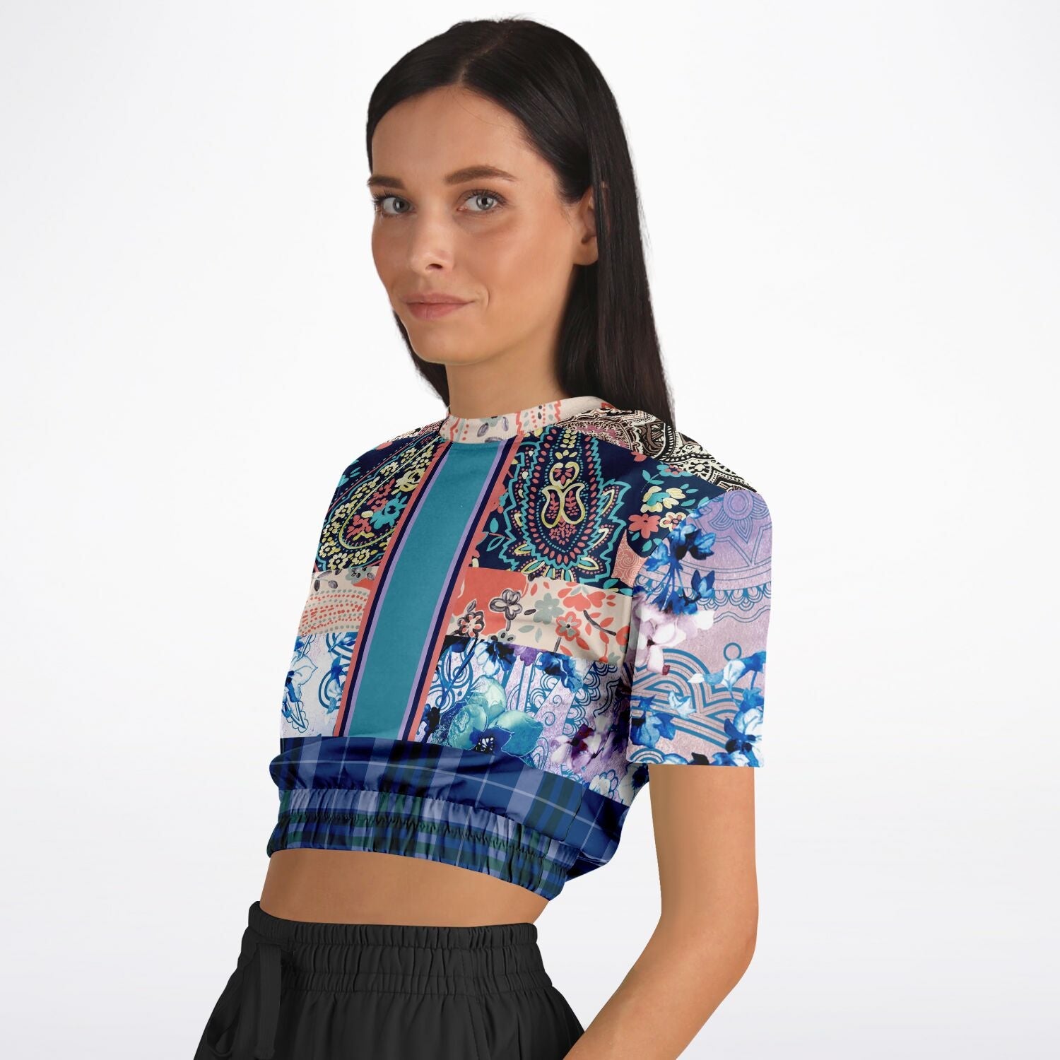 Dolores Park Paisley Plaid Eco-Poly Short Sleeve Cropped Pullover