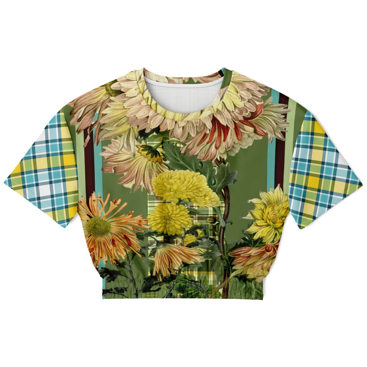 Green Caravan Plaid Eco-Poly Short Sleeve Cropped Pullover