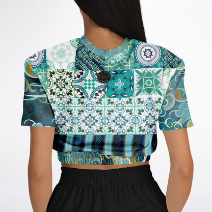 Green Meknes Mosaic Tile Eco-Poly Short Sleeve Cropped Pullover