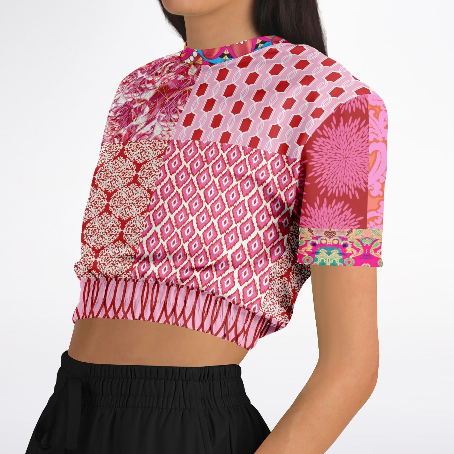 Gypsy Beat Pink Patchwork Eco-Poly Short Sleeve Cropped Pullover