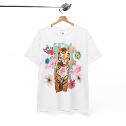 Tiger at Peace in Flowers Heavyweight Unisex Tee