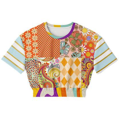 Happy Valley Retro Floral Patchwork Eco-Poly Short Sleeve Cropped Pullover
