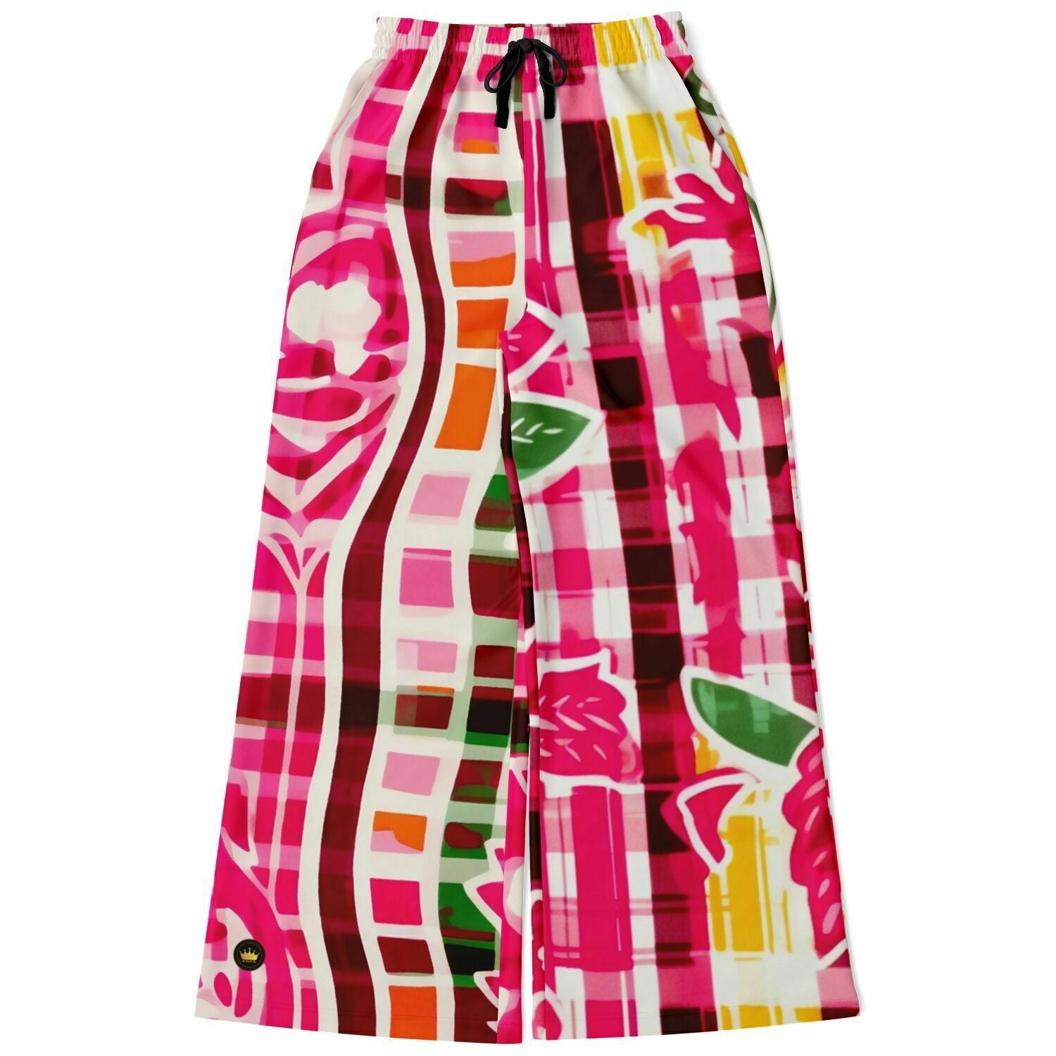 Cabbage Rose Pink Floral Plaid Eco-Poly Wide Leg Pants