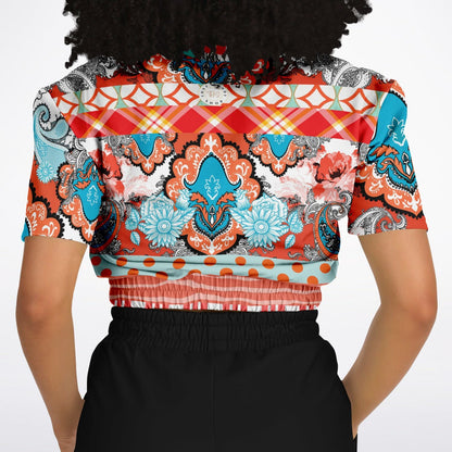 Coral Springs Hippie Patchwork Eco-Poly Short Sleeve Cropped Pullover