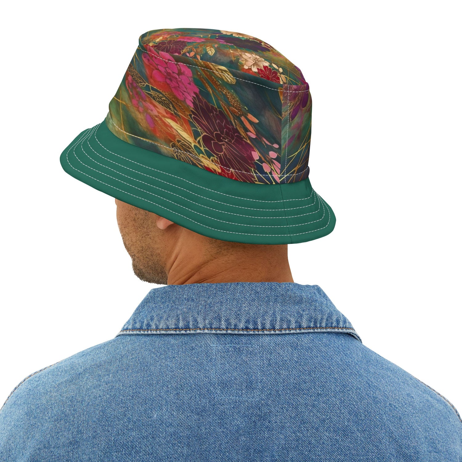 Chiyogami Green Mountain Asian Floral Vibrant Bucket Hat