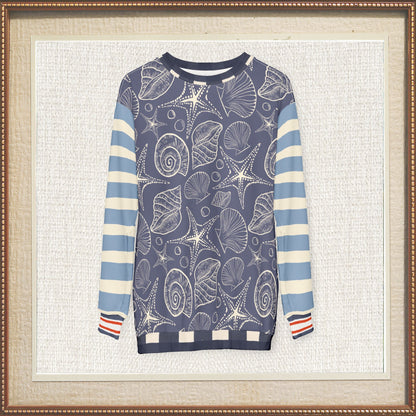 Sail Away Seashell Sketch Stripe Duo in Blue Unisex Sweatshirt (Gold Label)