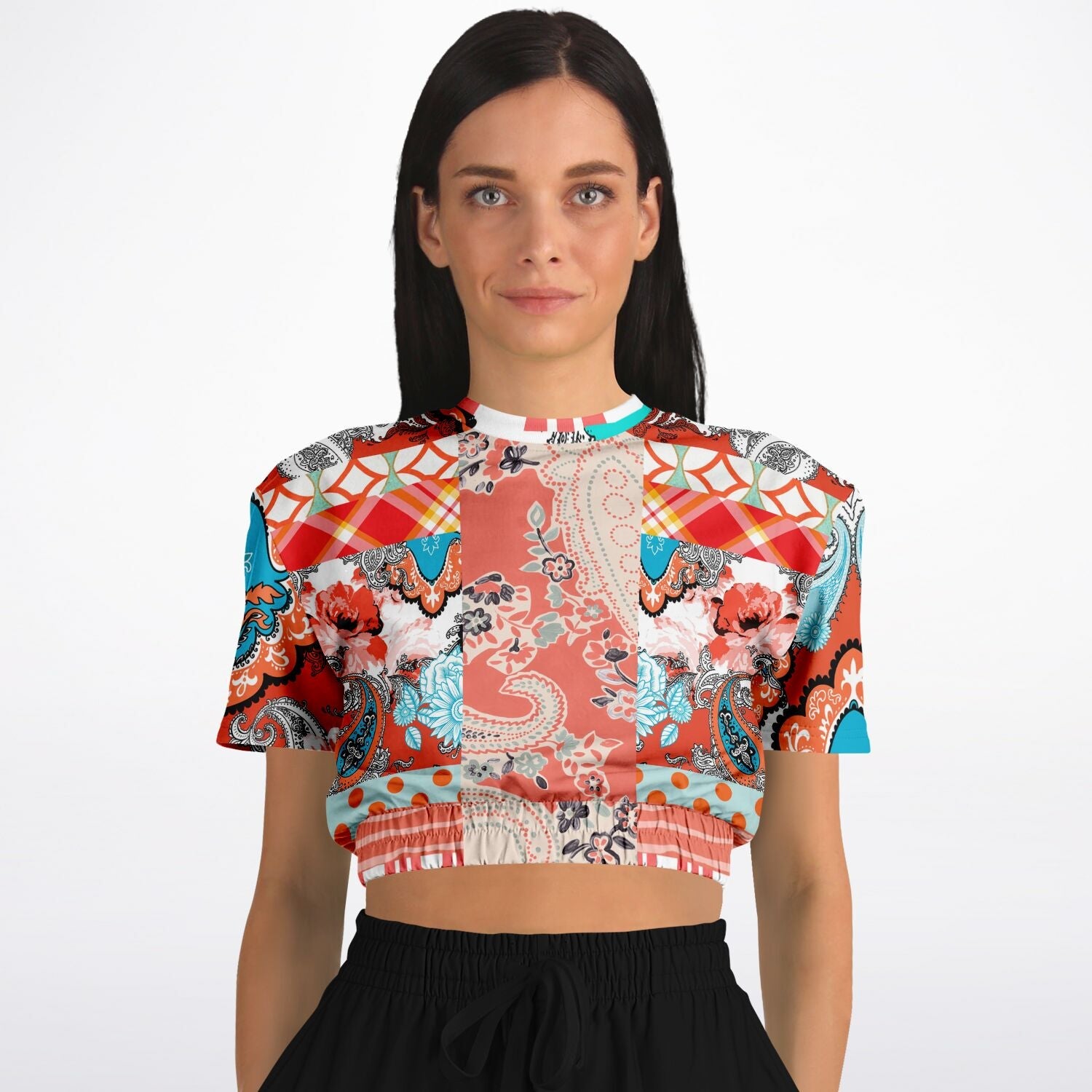 Coral Springs Hippie Patchwork Eco-Poly Short Sleeve Cropped Pullover