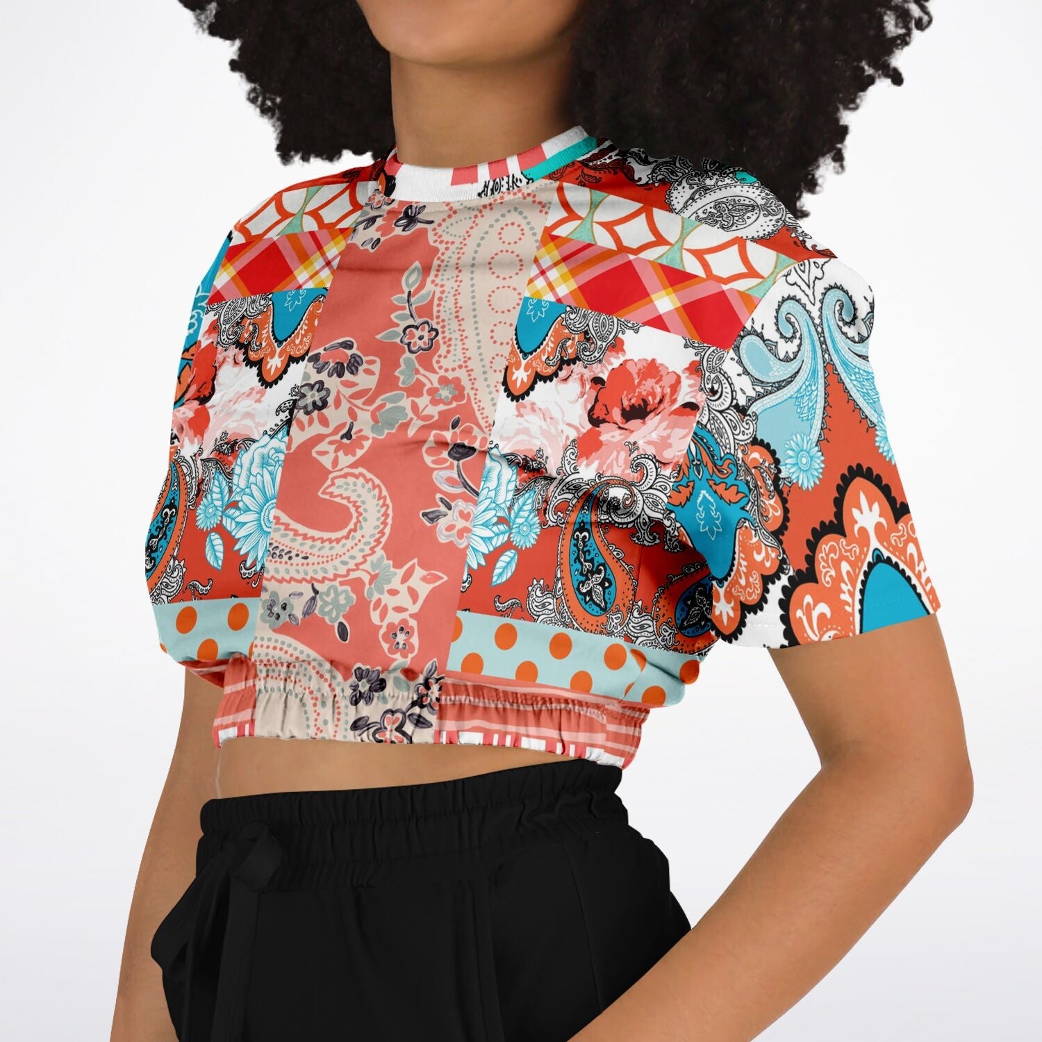 Coral Springs Hippie Patchwork Eco-Poly Short Sleeve Cropped Pullover