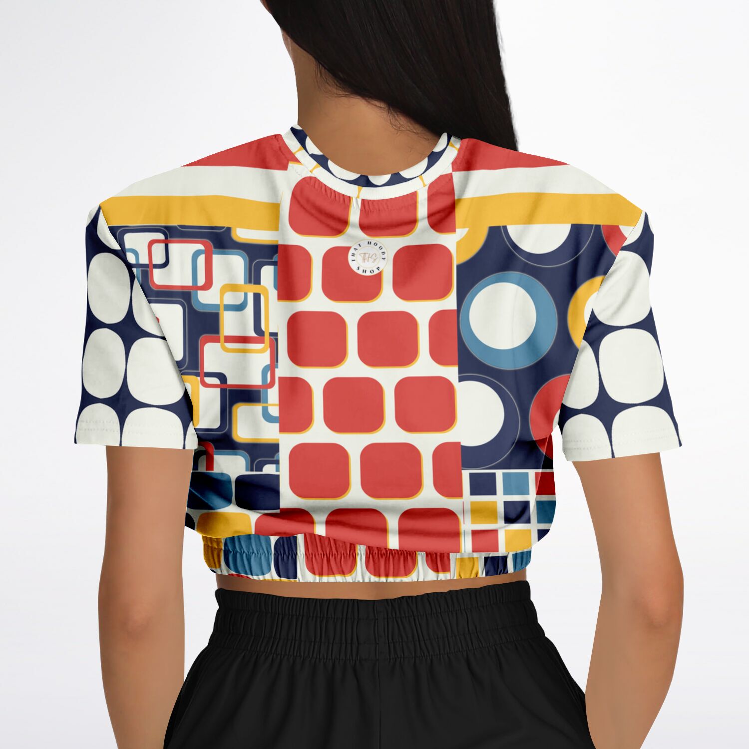 Primary Skool Geo Print Eco-Poly Short Sleeve Cropped Pullover