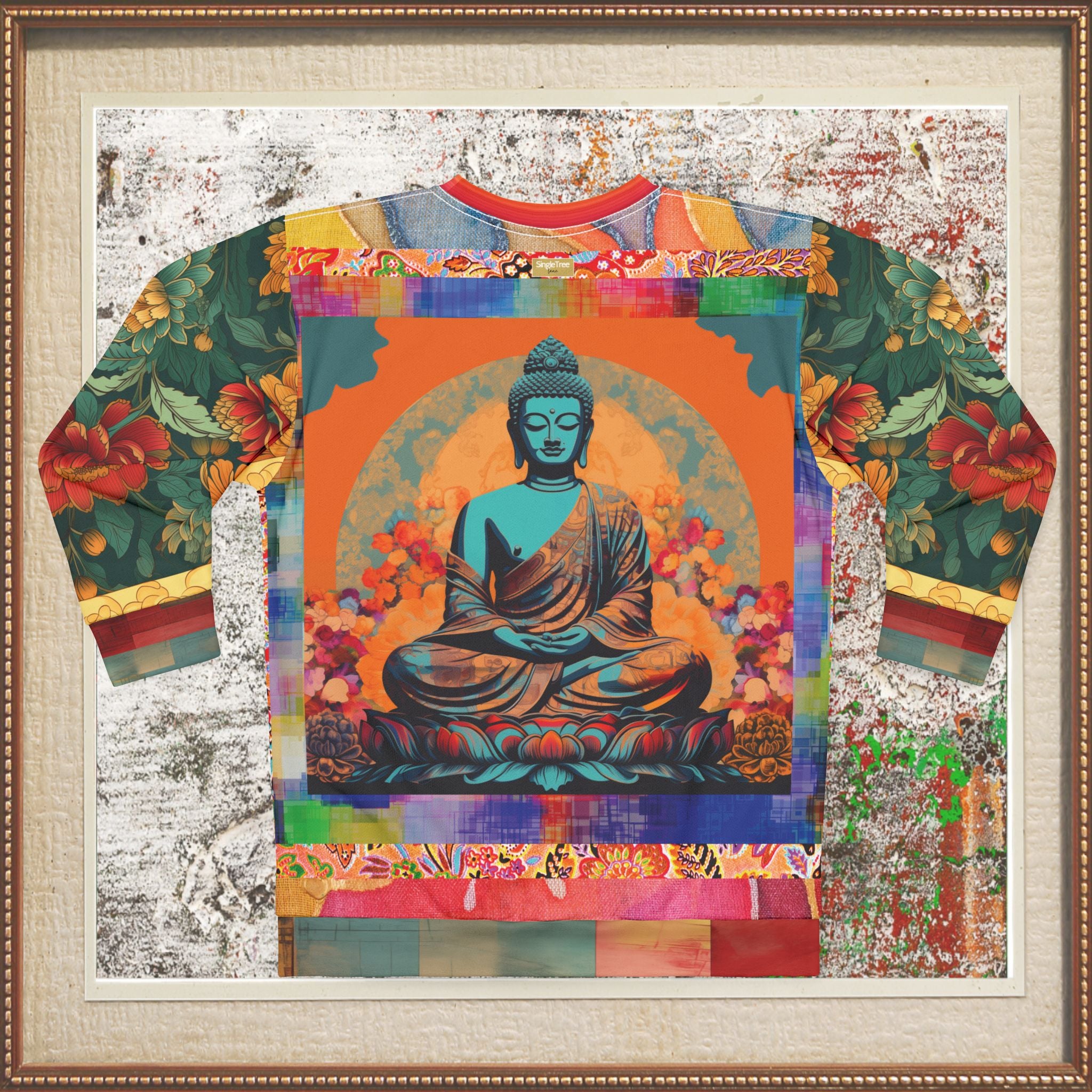 Buddha Nested in Flowers Patchwork Print Unisex Sweatshirt (Gold Label)